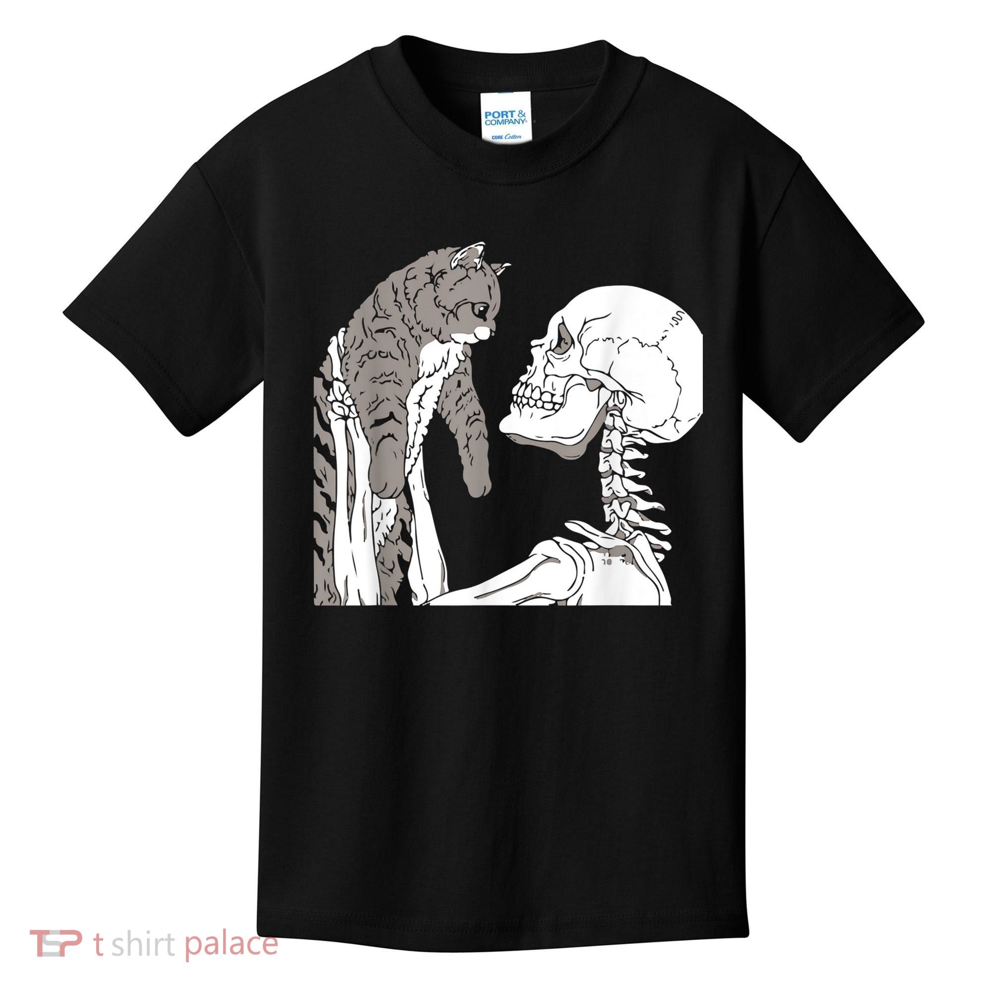 Funny Skeleton Holding A Cat Shirt Lazy Halloween Costume Skull Kids T-Shirt