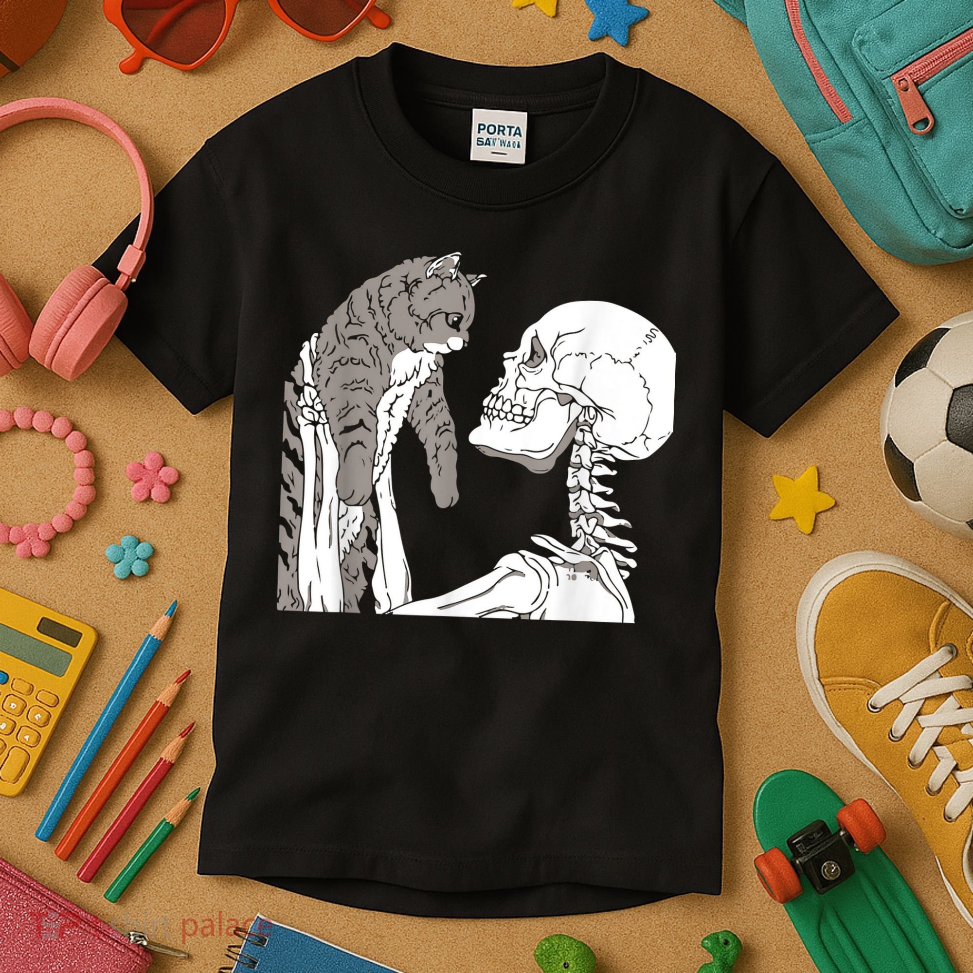 Funny Skeleton Holding A Cat Shirt Lazy Halloween Costume Skull Kids T-Shirt