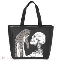 Funny Skeleton Holding A Cat Shirt Lazy Halloween Costume Skull Tote Bag thumb 0