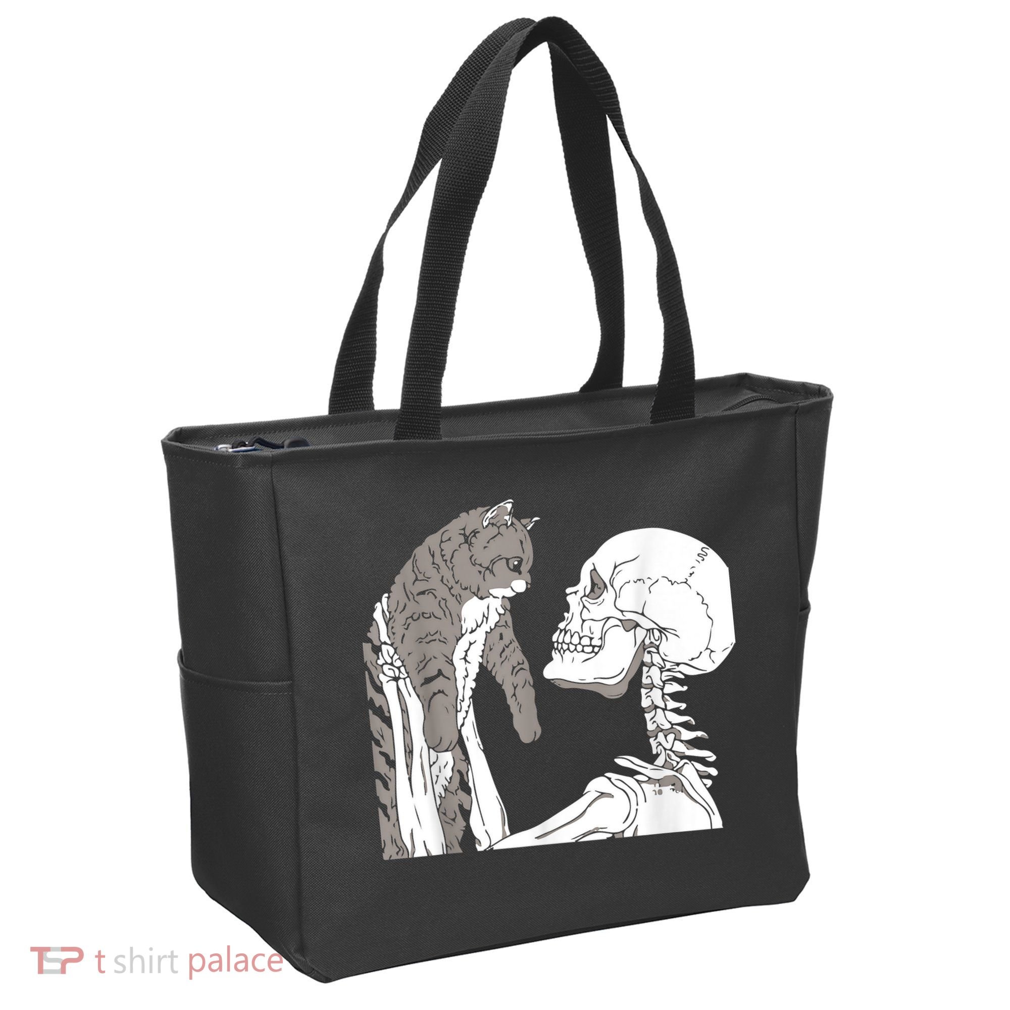 Funny Skeleton Holding A Cat Shirt Lazy Halloween Costume Skull Tote Bag