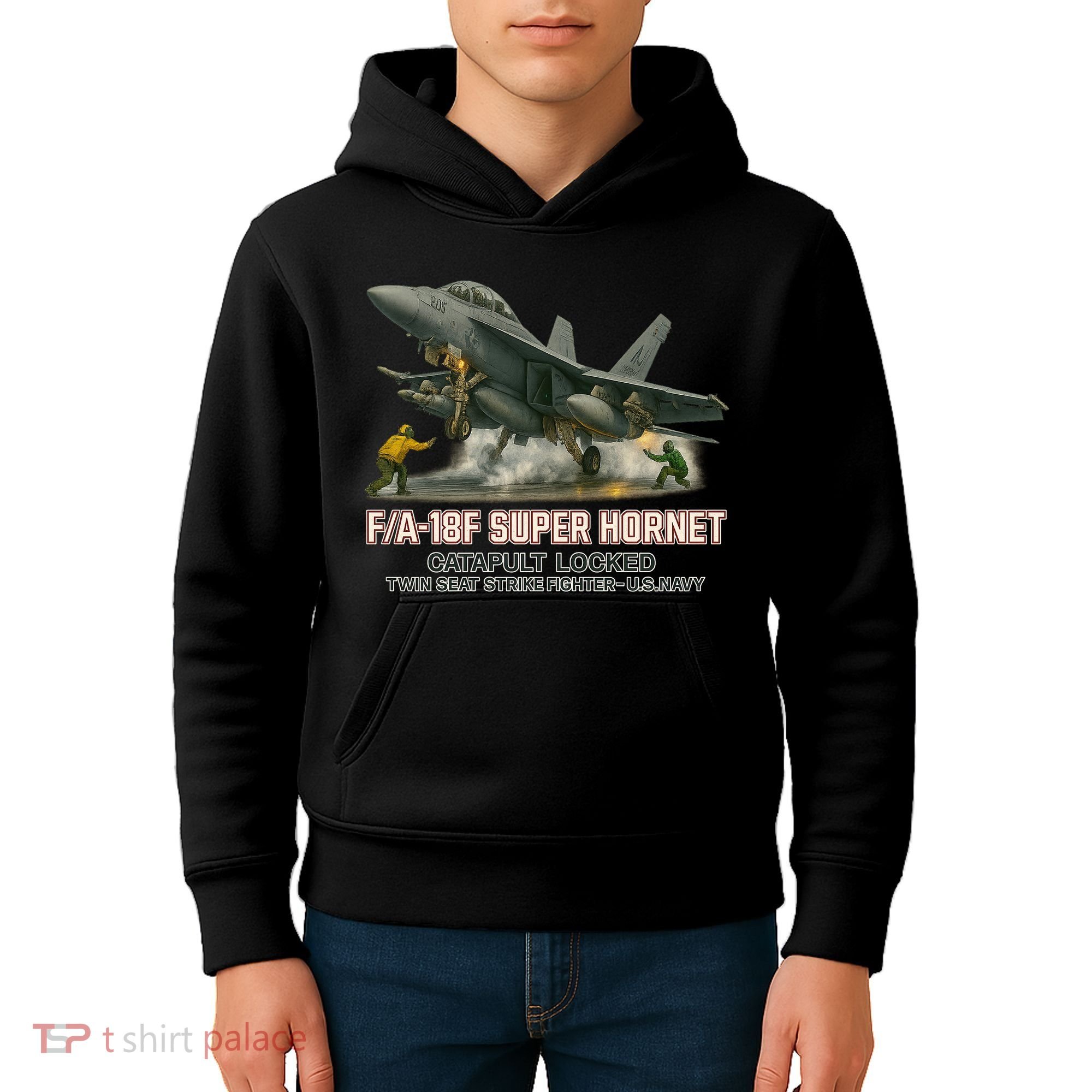F/A-18F Super Hornet Catapult Locked Twin Seat Strike Fighter Kids Hoodie