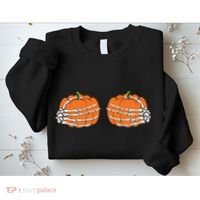 Funny Skeleton Hands Pumpkin Boobs Sweatshirt thumb 2