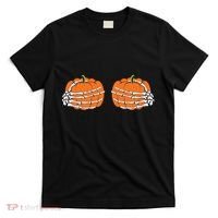 Funny Skeleton Hands Pumpkin Boobs T-Shirt thumb 0