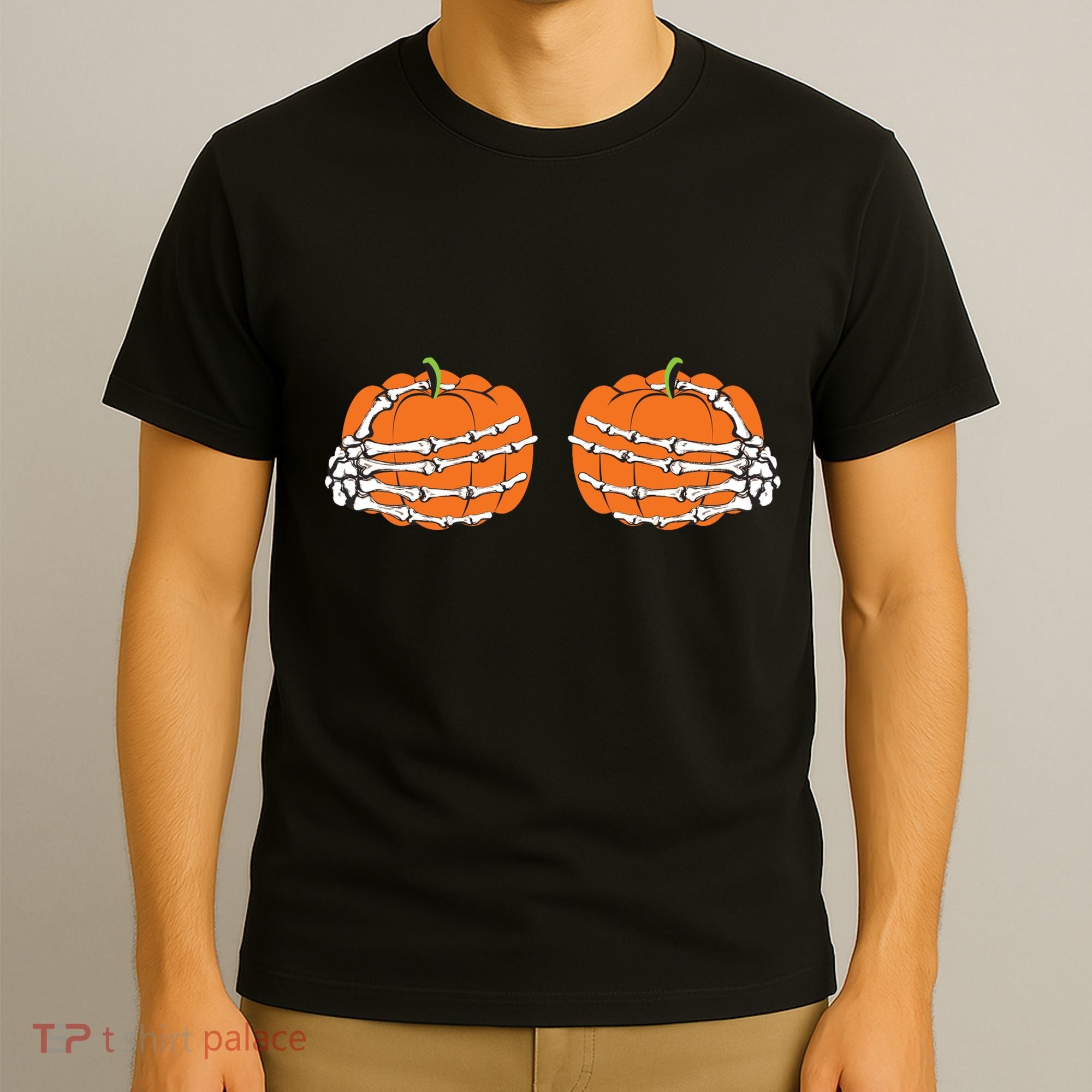 Funny Skeleton Hands Pumpkin Boobs T-Shirt