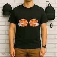 Funny Skeleton Hands Pumpkin Boobs T-Shirt thumb 6