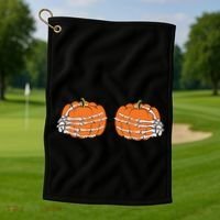 Funny Skeleton Hands Pumpkin Boobs Golf Towel thumb 1
