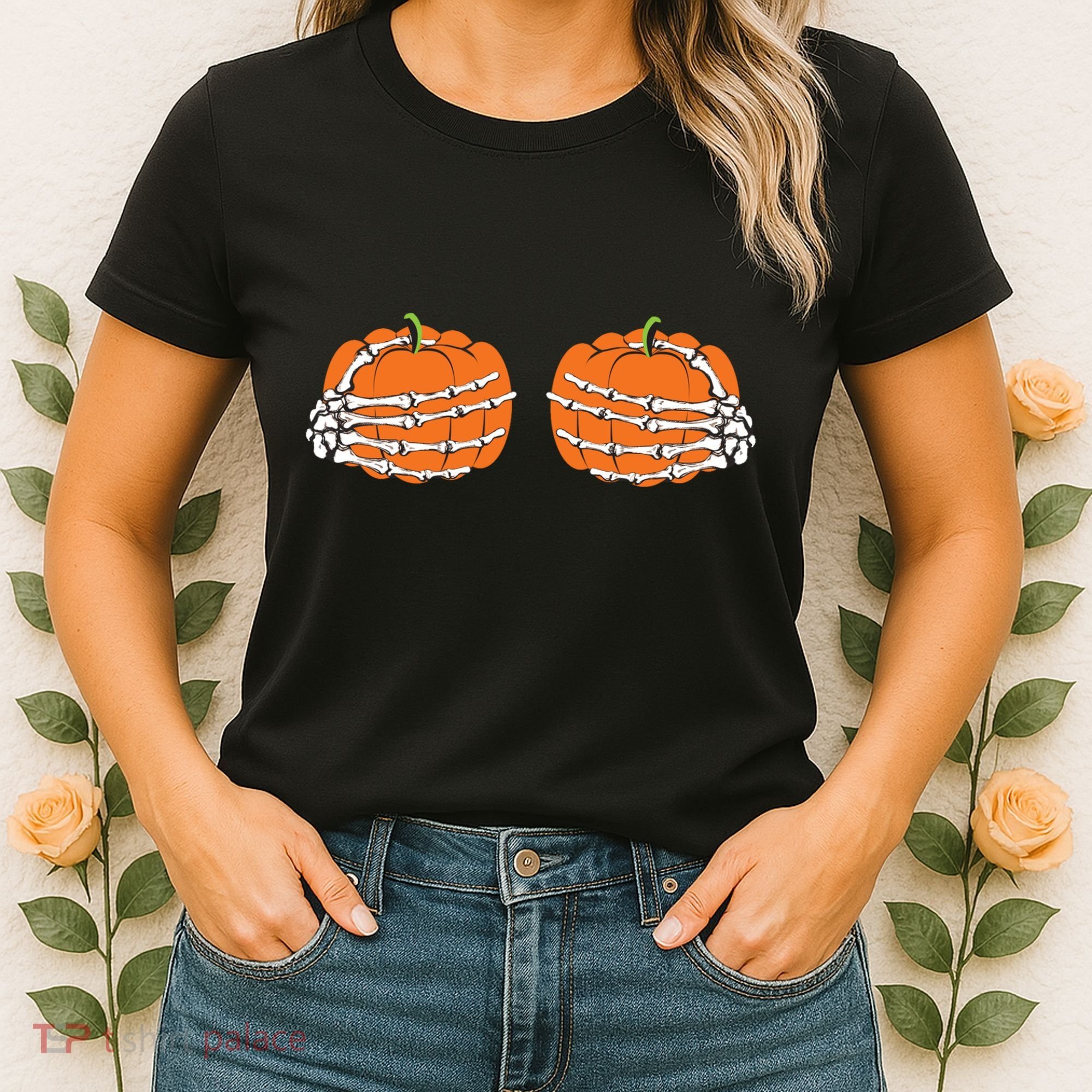 Funny Skeleton Hands Pumpkin Boobs Women's T-Shirt