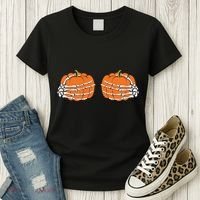 Funny Skeleton Hands Pumpkin Boobs Women's T-Shirt thumb 3