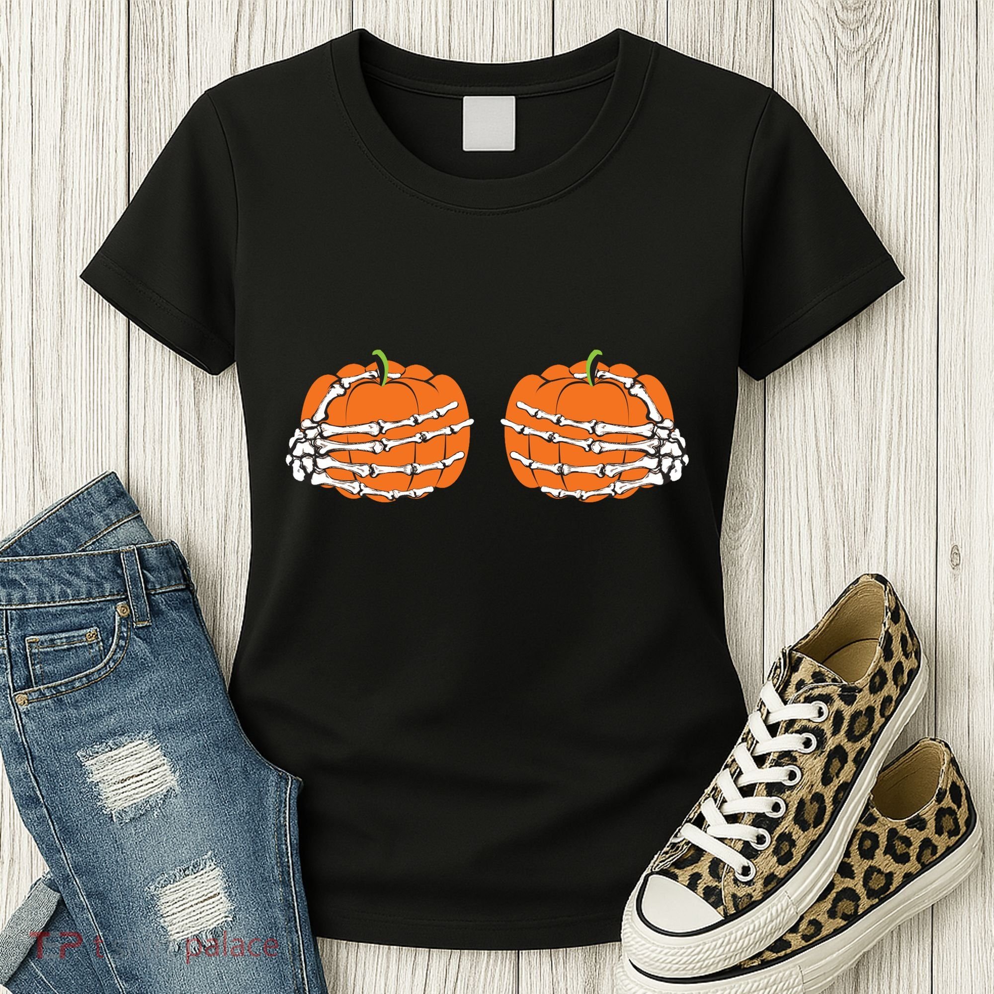 Funny Skeleton Hands Pumpkin Boobs Women's T-Shirt