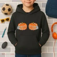 Funny Skeleton Hands Pumpkin Boobs Kids Hoodie thumb 2