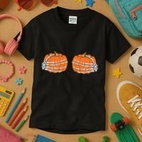 Funny Skeleton Hands Pumpkin Boobs Kids T-Shirt thumb 3