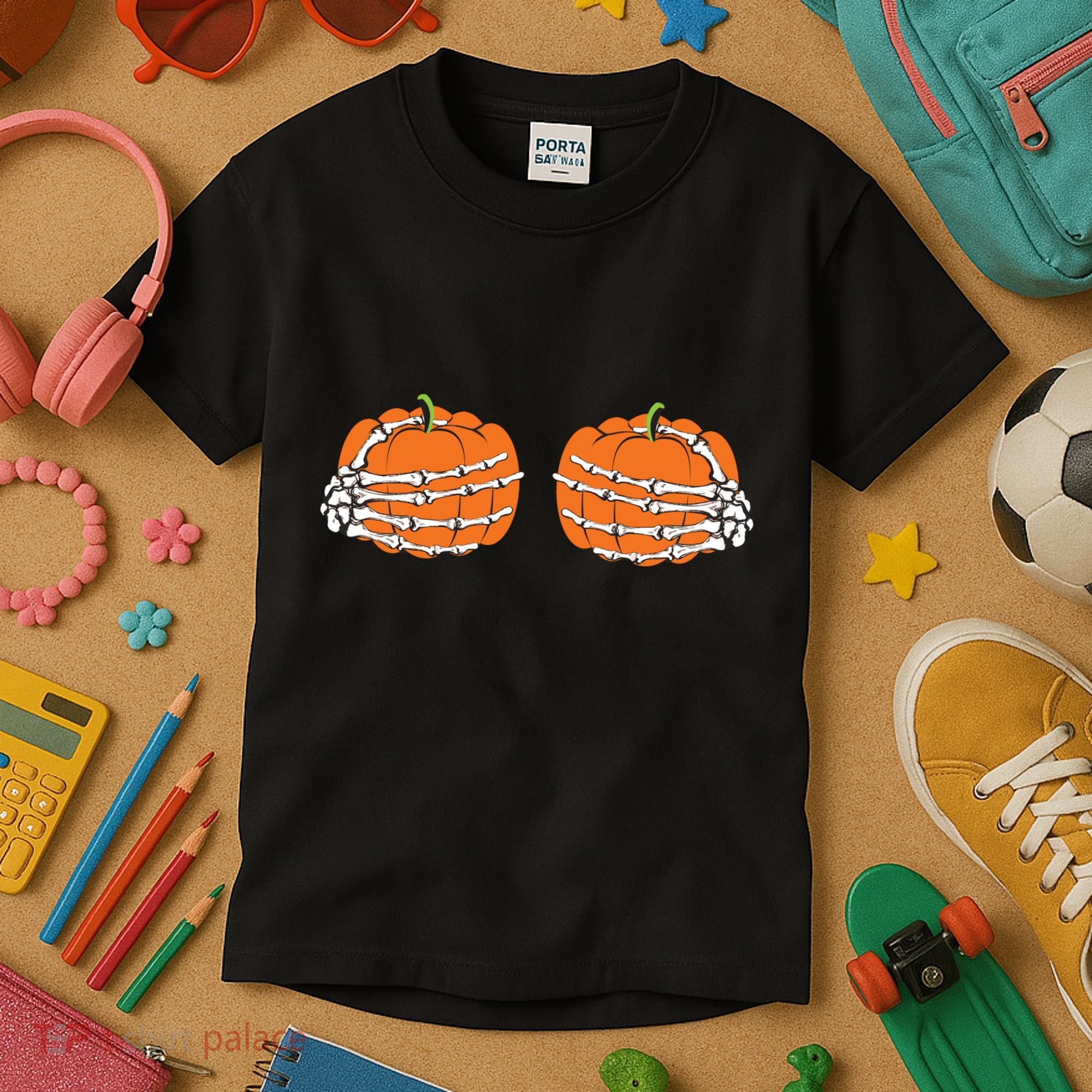 Funny Skeleton Hands Pumpkin Boobs Kids T-Shirt