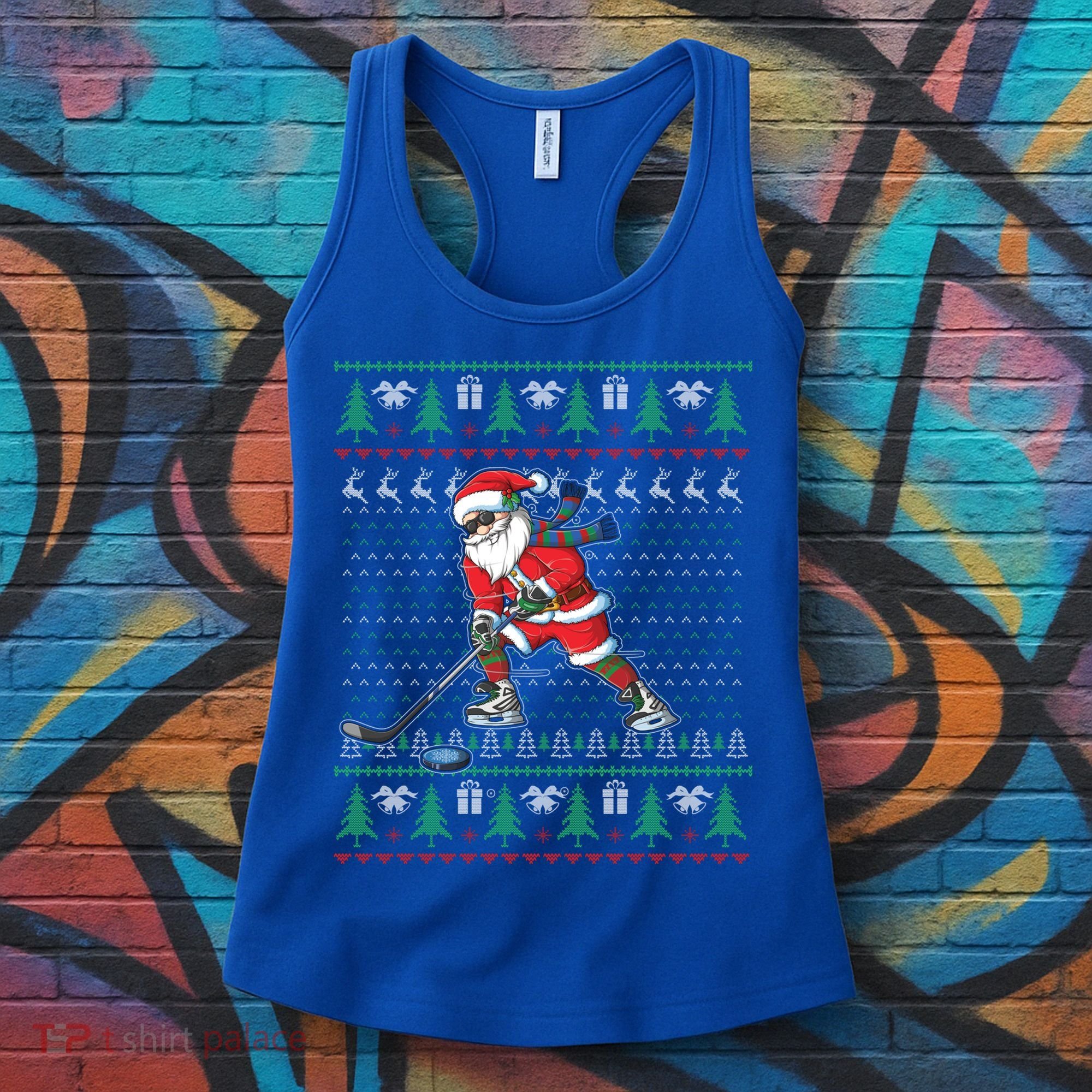 Funny Santa Ice Hockey Player Ugly Sweater Christmas Hockey Gift Women's Tank Top