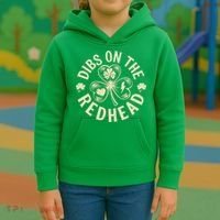 Funny Shamrock Irish St Patricks Day Dibs On The Redhead Kids Hoodie thumb 3