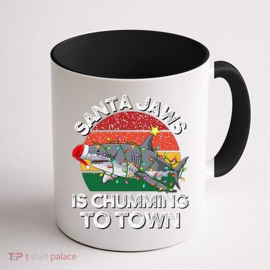 Funny Santa Jaws Shark Christmas Lights Sharkmas Xmas Retro Great Gift Coffee Mug back