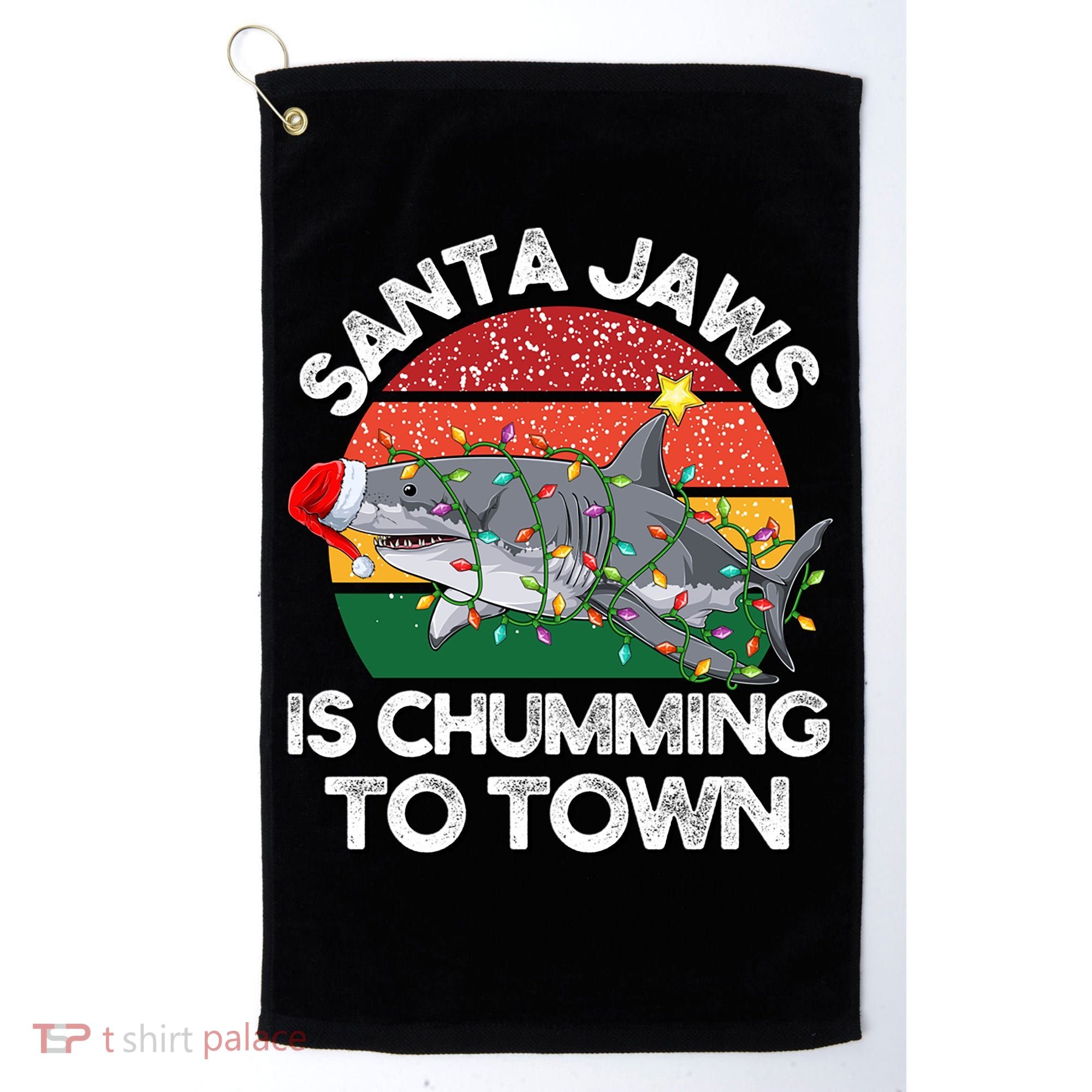 Funny Santa Jaws Shark Christmas Lights Sharkmas Xmas Retro Great Gift Golf Towel