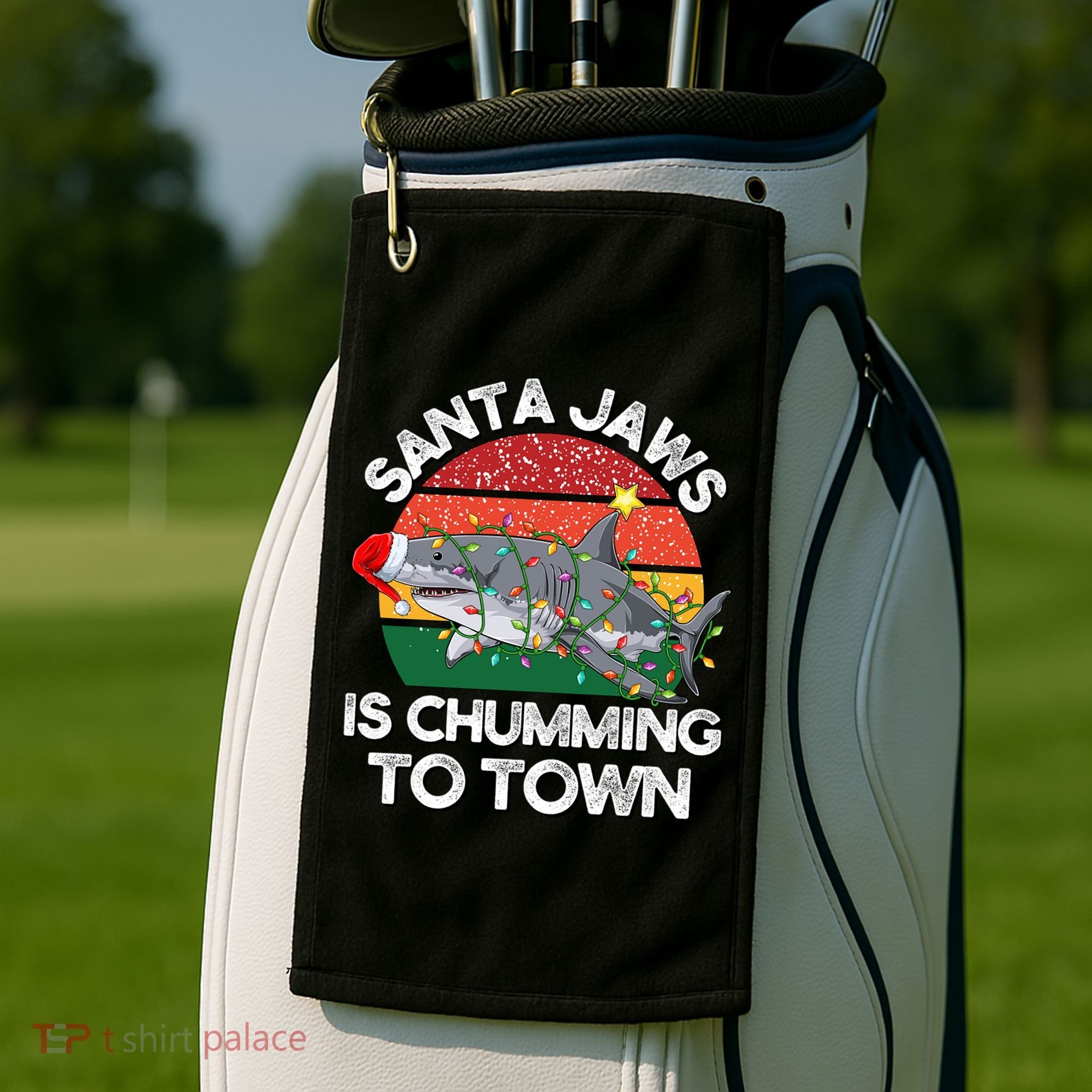 Funny Santa Jaws Shark Christmas Lights Sharkmas Xmas Retro Great Gift Golf Towel