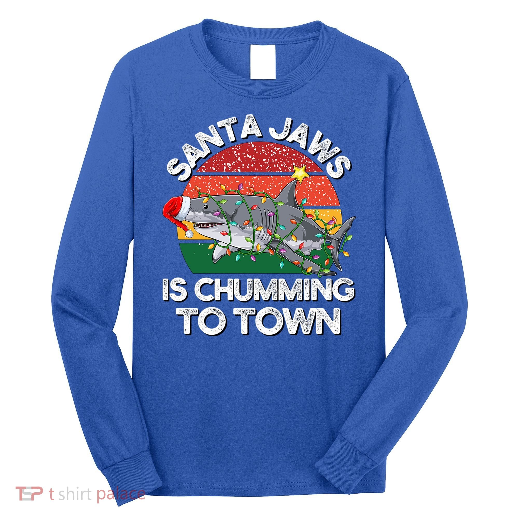 Funny Santa Jaws Shark Christmas Lights Sharkmas Xmas Retro Great Gift Long Sleeve Shirt