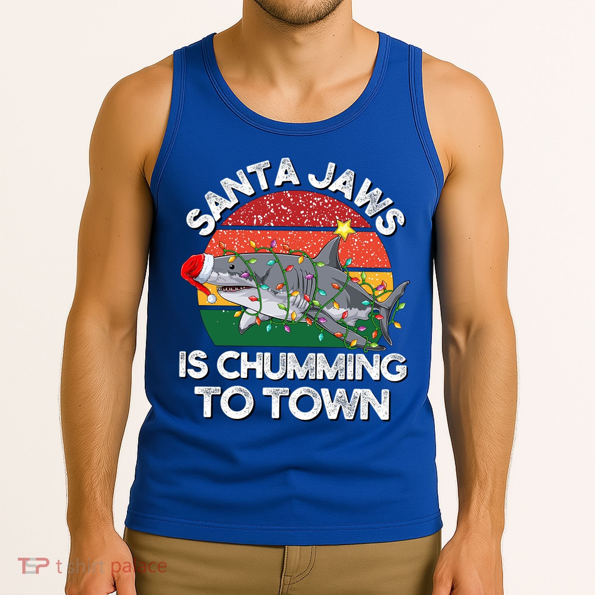 Funny Santa Jaws Shark Christmas Lights Sharkmas Xmas Retro Great Gift Tank Top