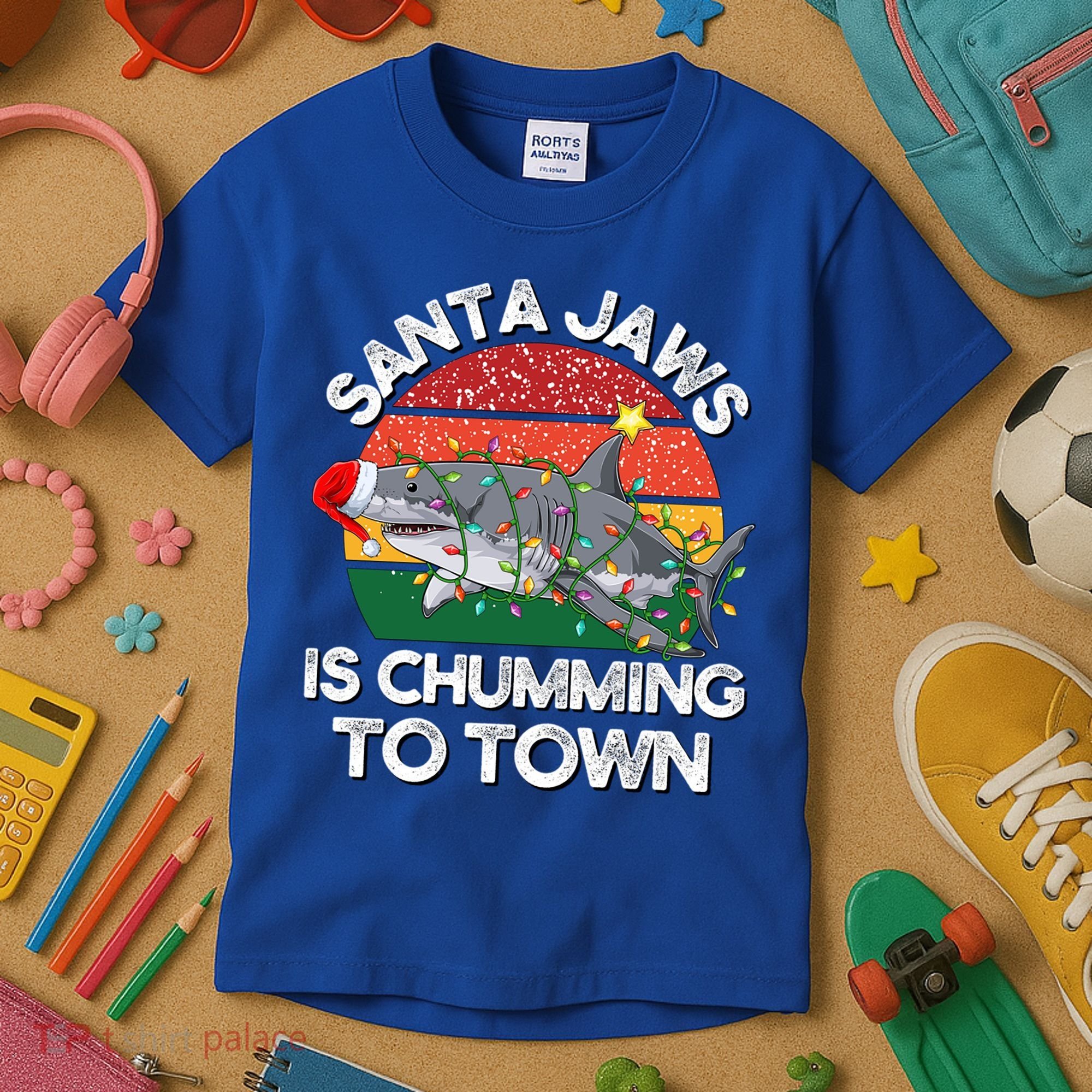 Funny Santa Jaws Shark Christmas Lights Sharkmas Xmas Retro Great Gift Kids T-Shirt