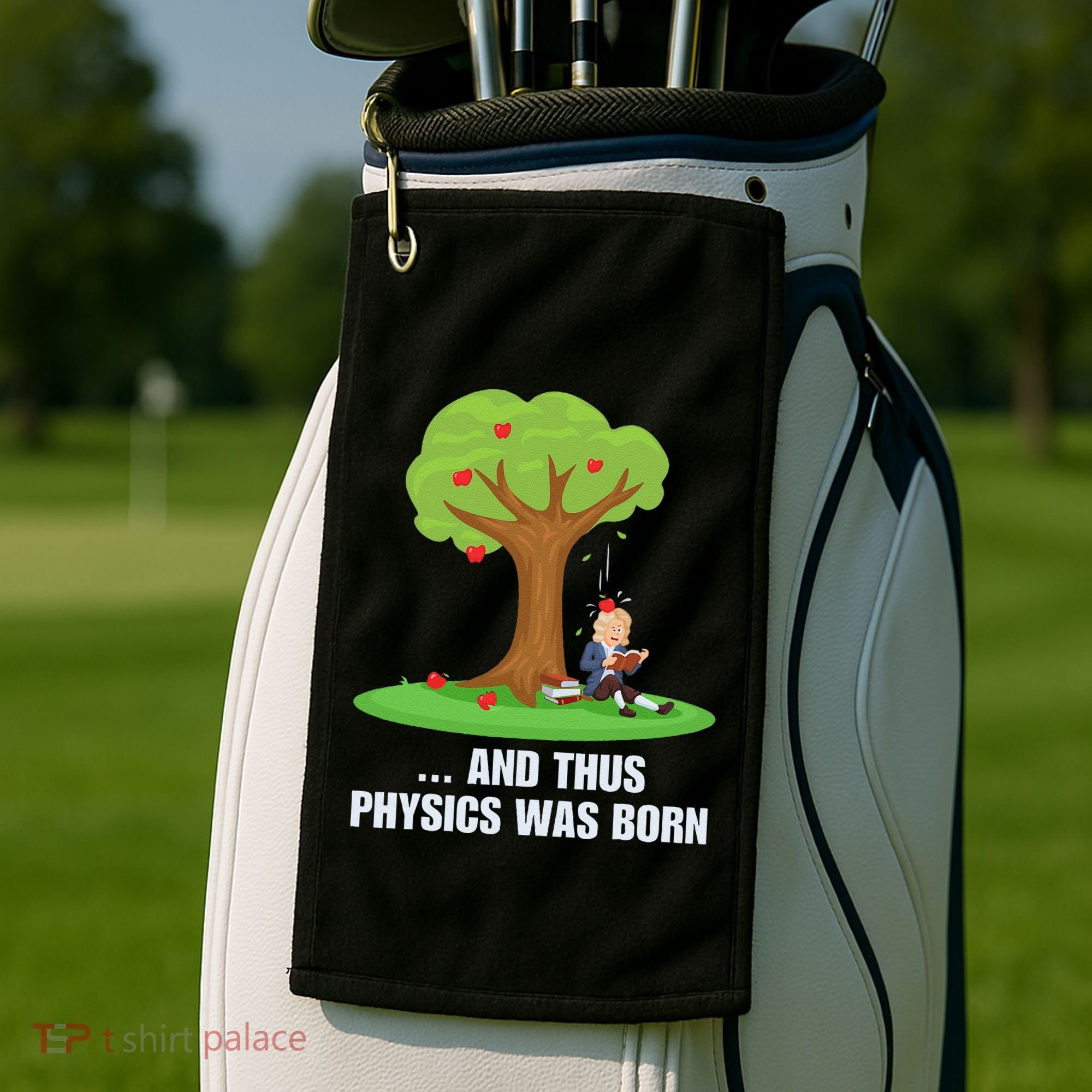Funny Science Joke Apple Falling On Isaac Newton Physics Fun Golf Towel