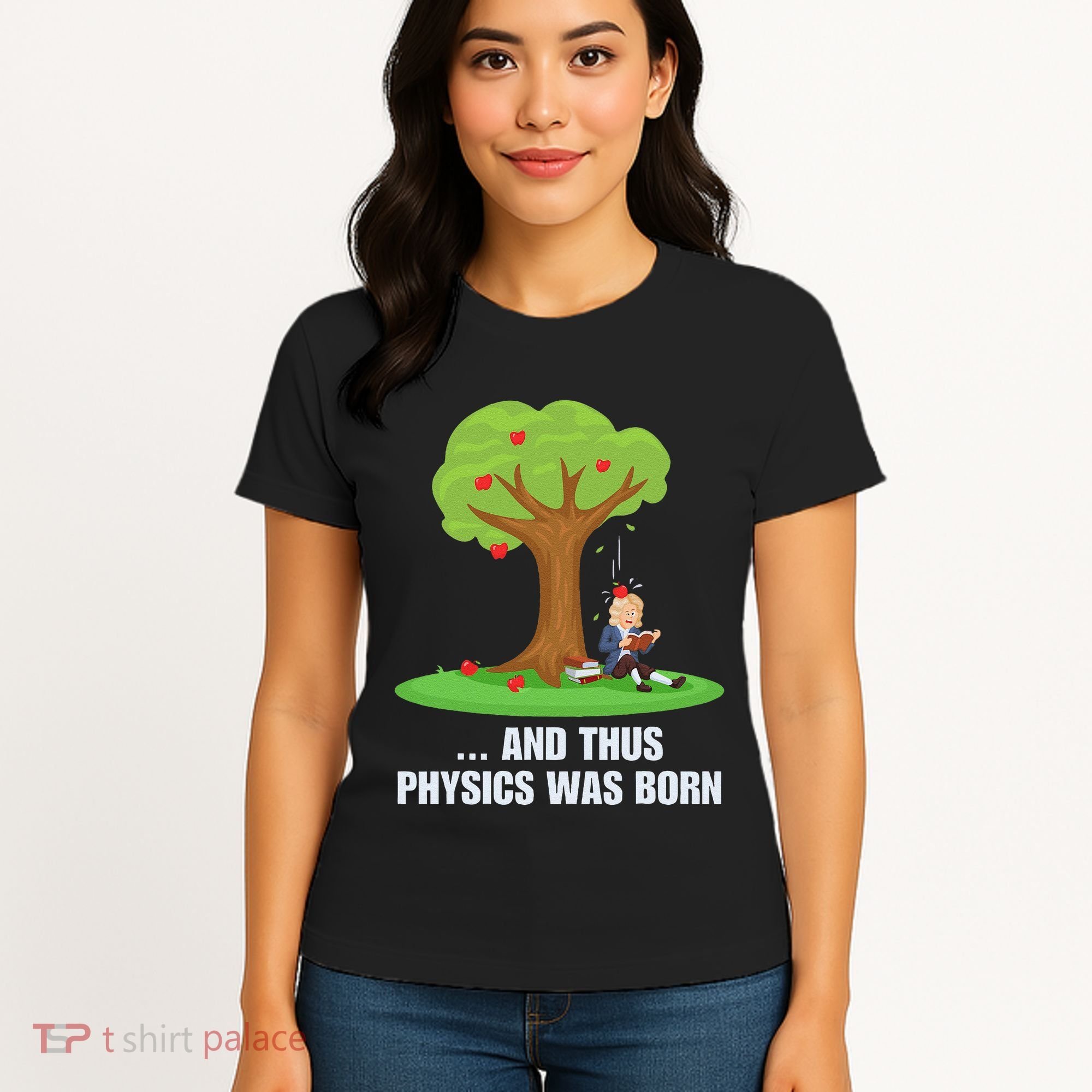 Funny Science Joke Apple Falling On Isaac Newton Physics Fun Women's T-Shirt
