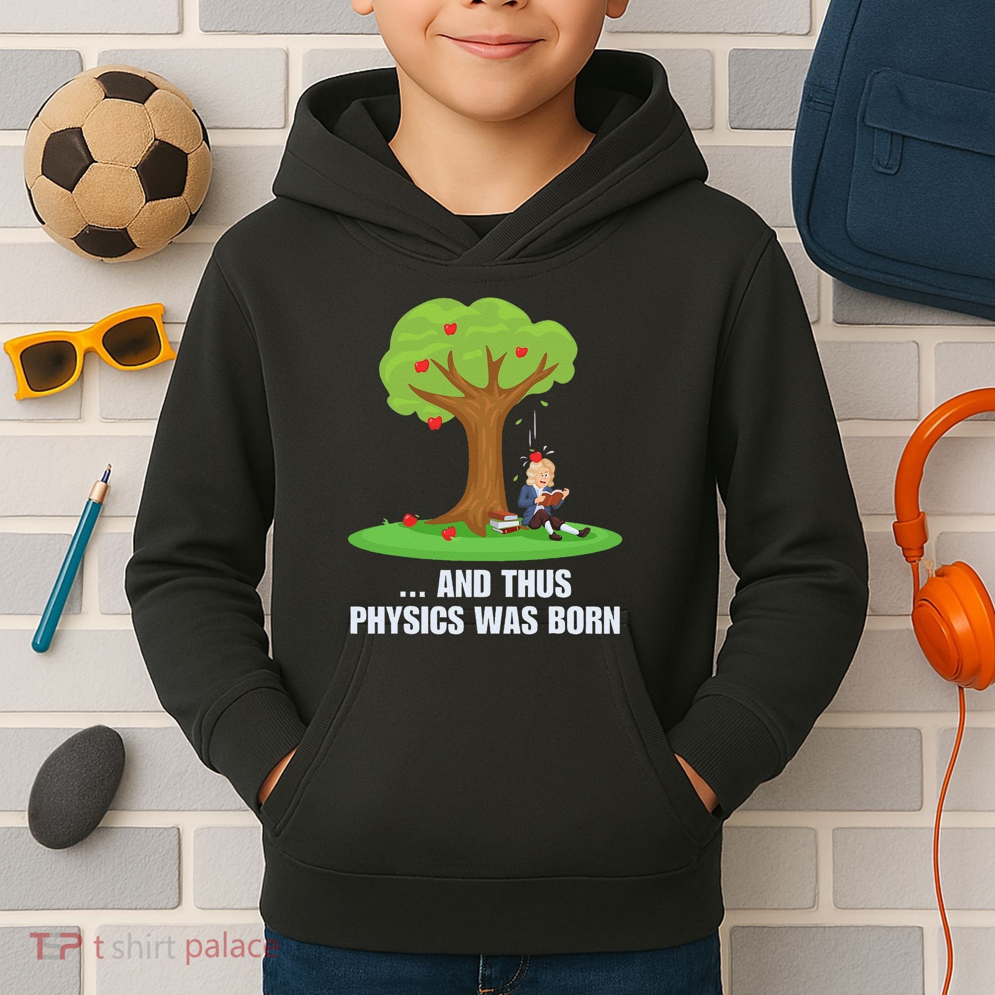Funny Science Joke Apple Falling On Isaac Newton Physics Fun Kids Hoodie