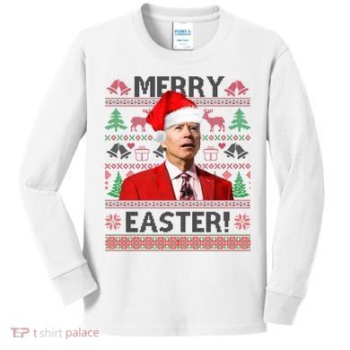Funny Santa Joe Biden Merry Easter Ugly Christmas Kids Long Sleeve Shirt