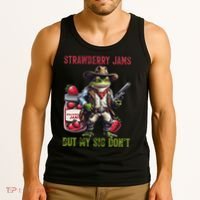 Funny Strawberry Jams But My Sig Don't Meme Frog Cowboy Tank Top thumb 3