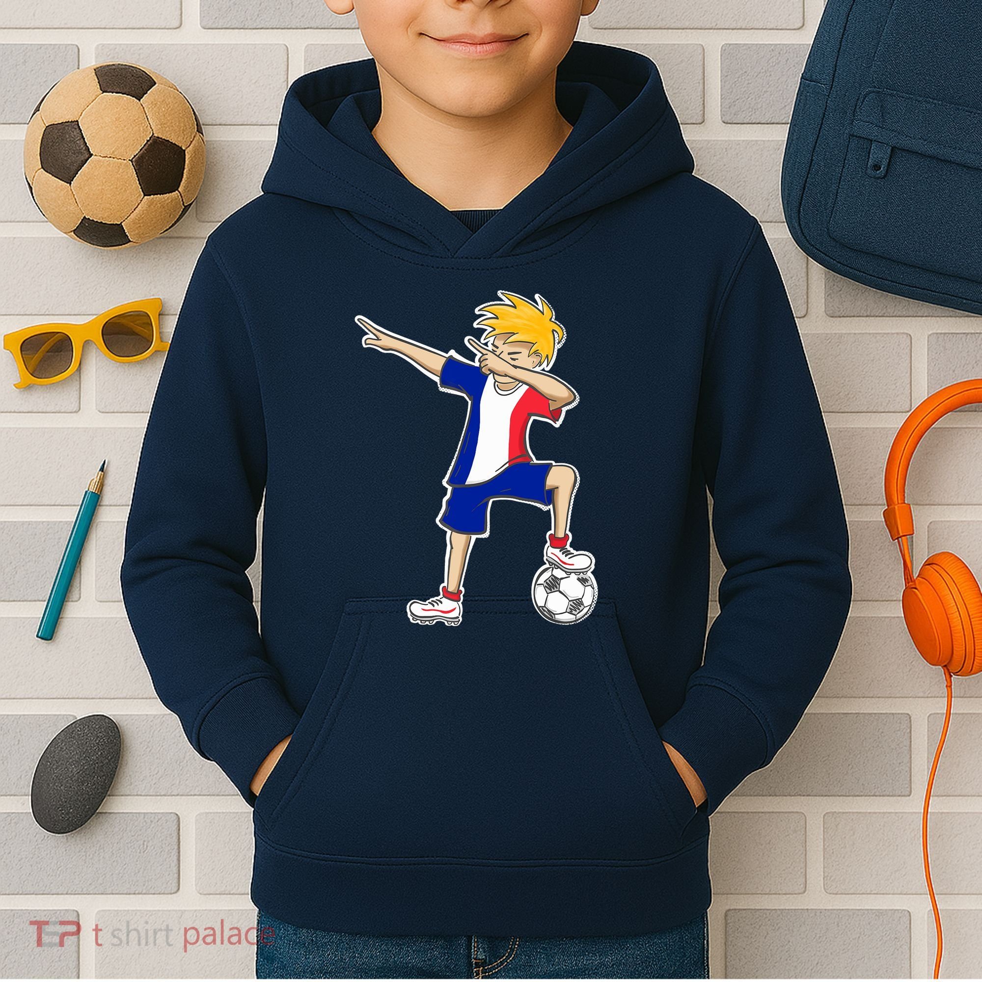 France Soccer Jersey Dabbing Boy French Flag Kids Hoodie