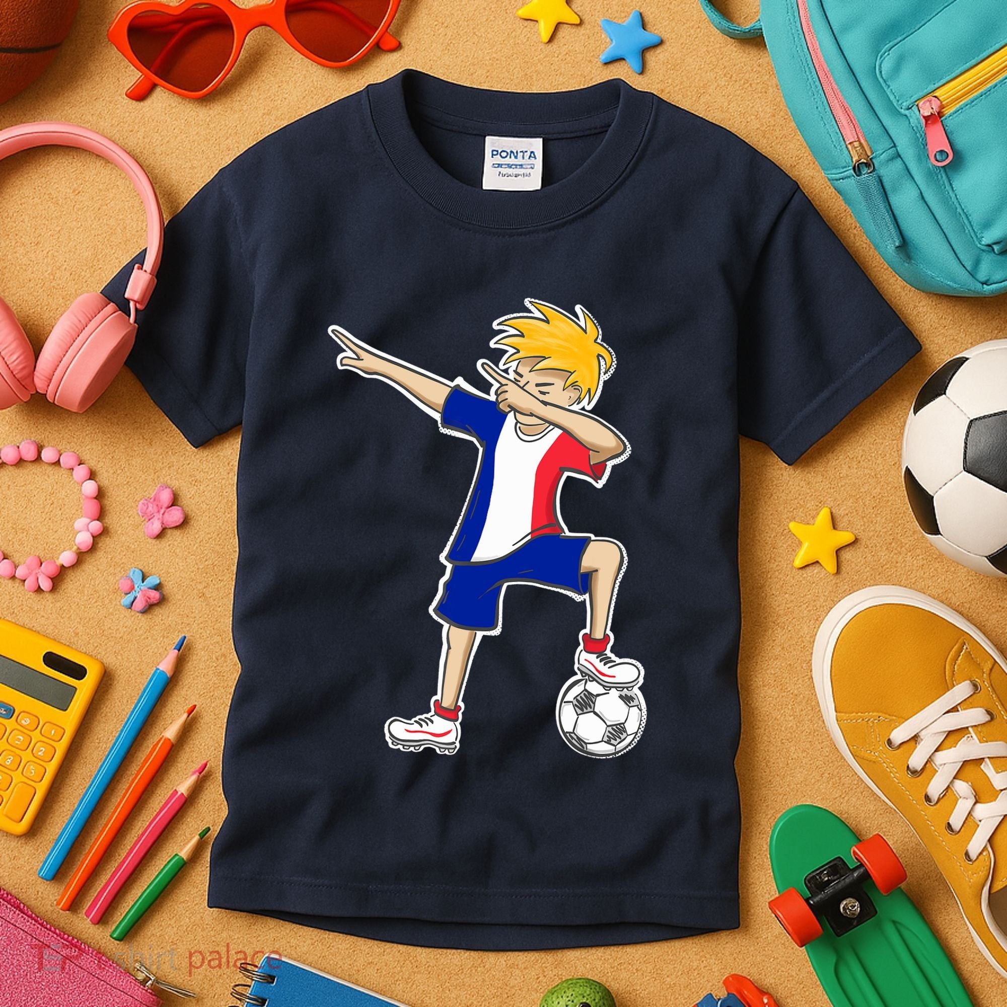 France Soccer Jersey Dabbing Boy French Flag Kids T-Shirt