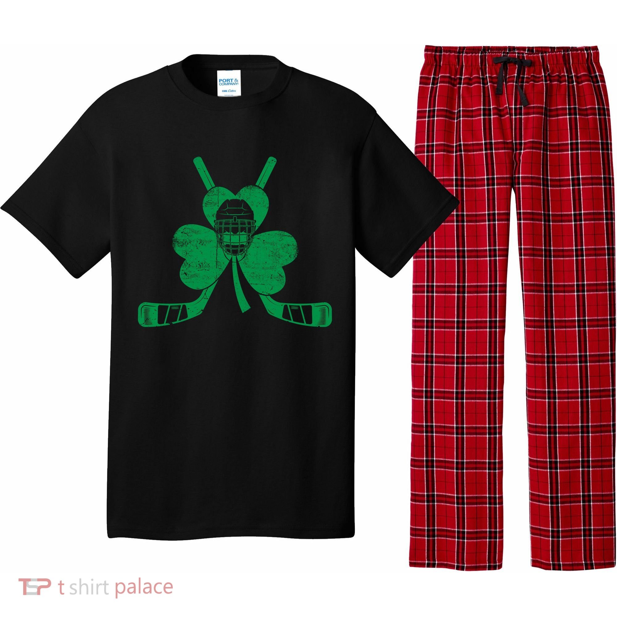 Funny Shamrock Leaf Hockey Sticks And Helmet St Patricks Day Gift Pajama Set
