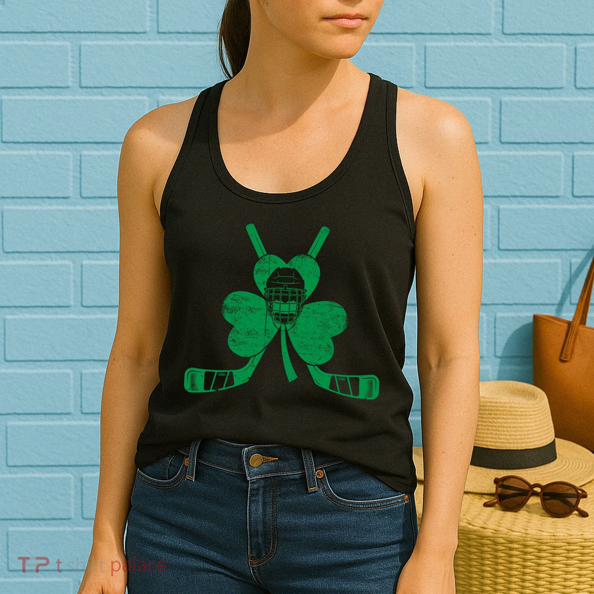 Funny Shamrock Leaf Hockey Sticks And Helmet St Patricks Day Gift Women's Tank Top