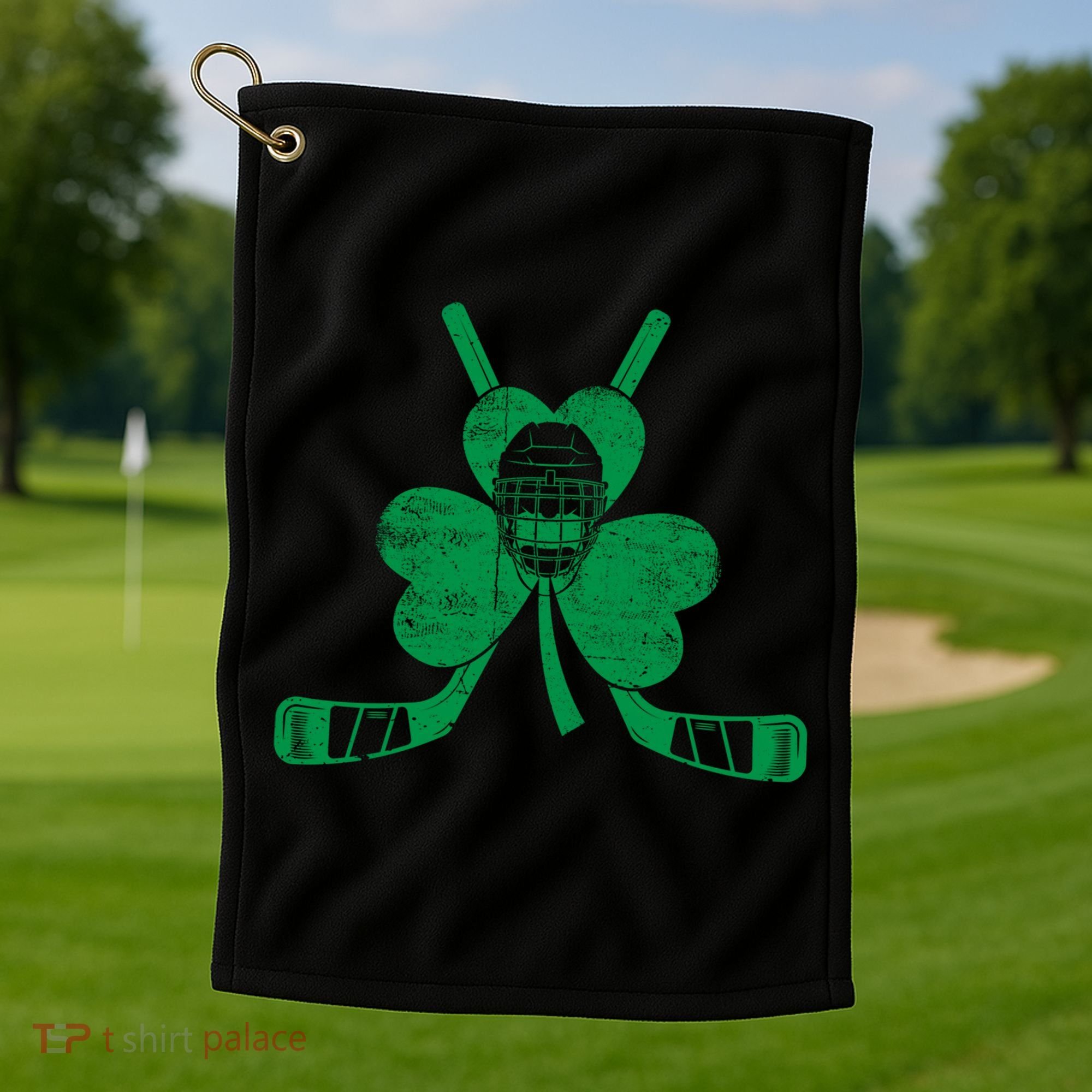 Funny Shamrock Leaf Hockey Sticks And Helmet St Patricks Day Gift Golf Towel