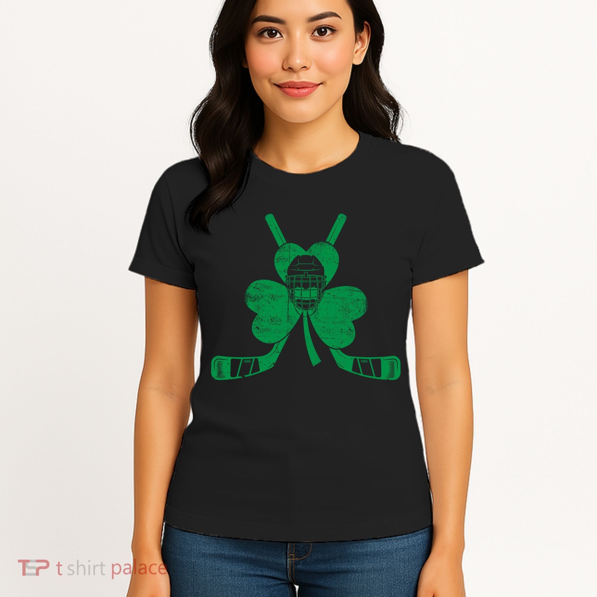 Funny Shamrock Leaf Hockey Sticks And Helmet St Patricks Day Gift Women's T-Shirt