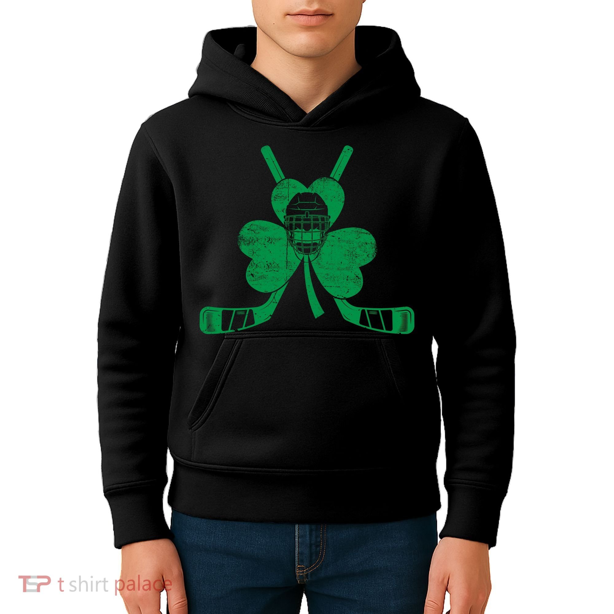 Funny Shamrock Leaf Hockey Sticks And Helmet St Patricks Day Gift Kids Hoodie