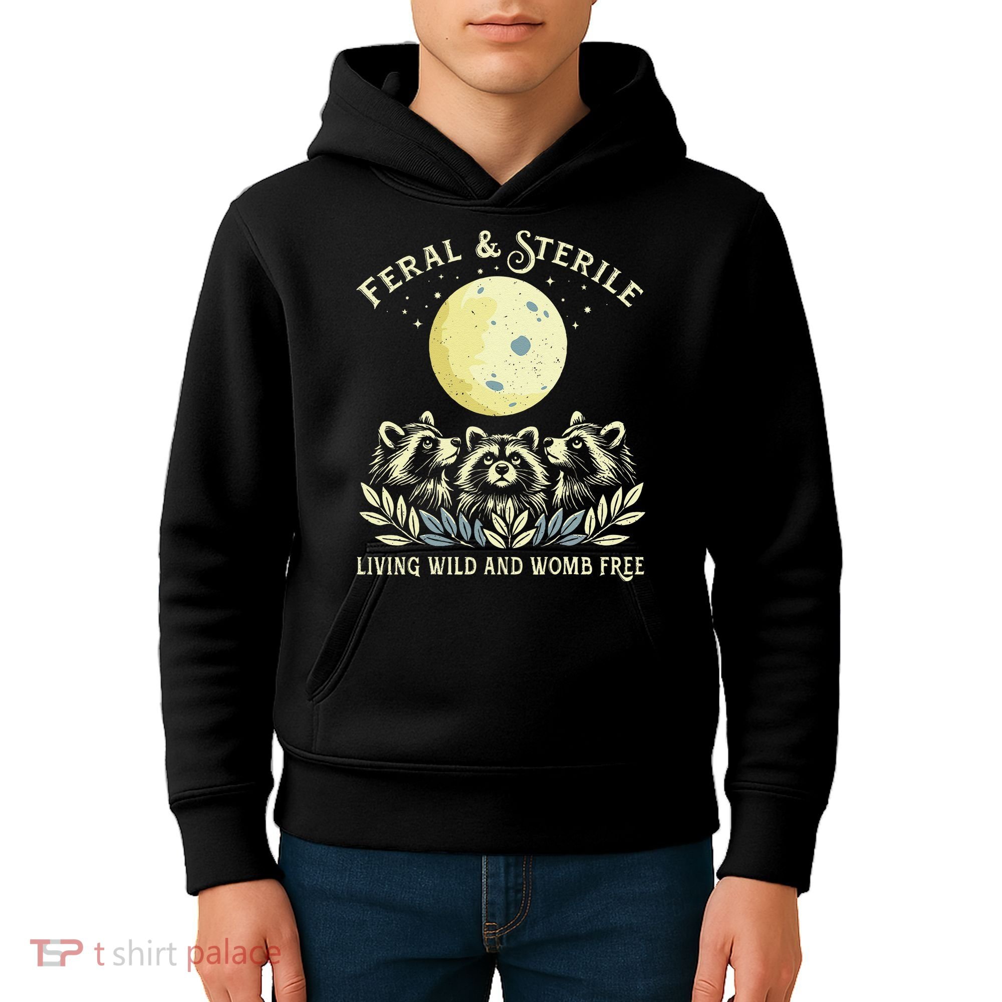 Feral & Sterile Living Wild And Womb Free Funny Racoon Retro Kids Hoodie