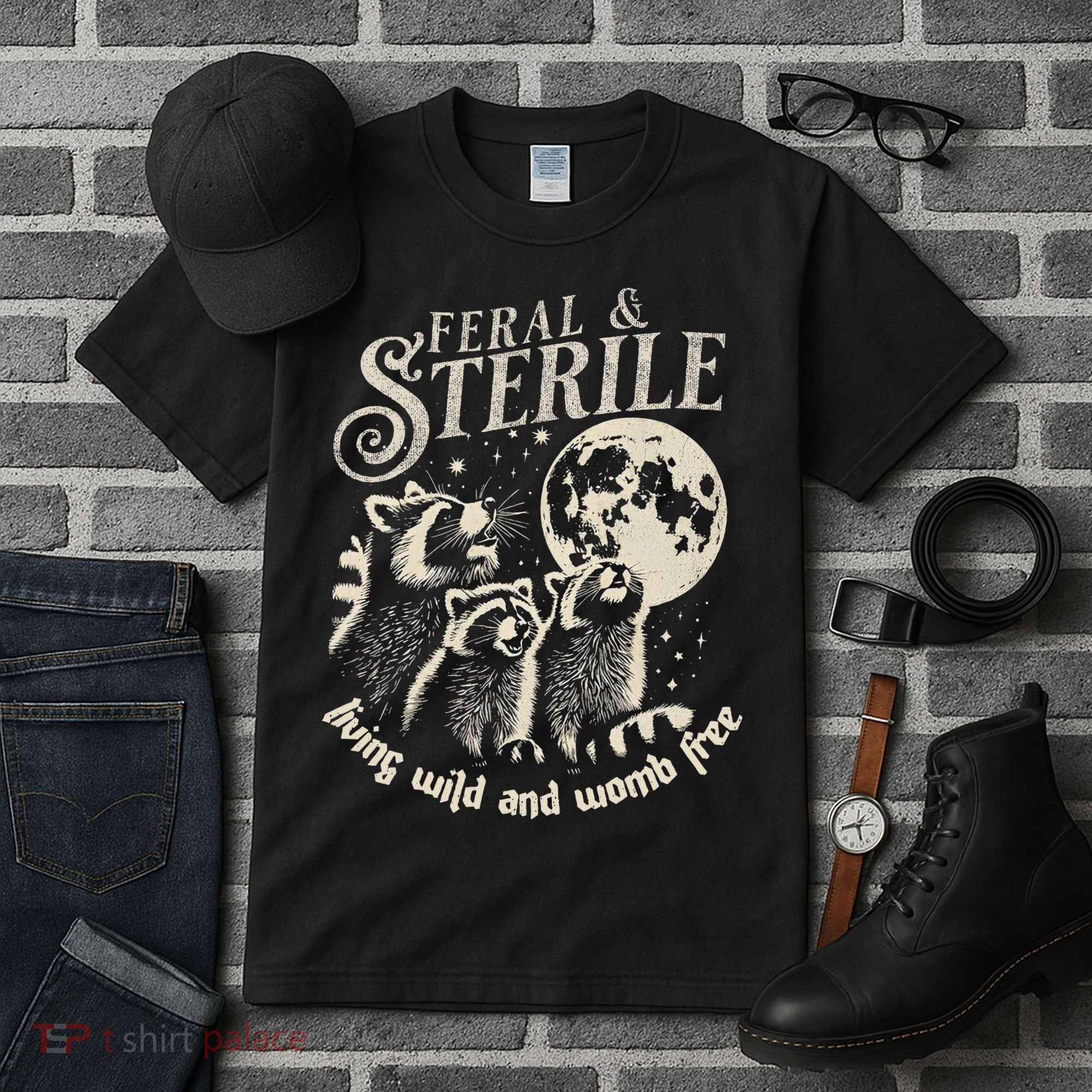 Feral & Sterile Living Wild And Womb Free Funny Racoon Tall T-Shirt