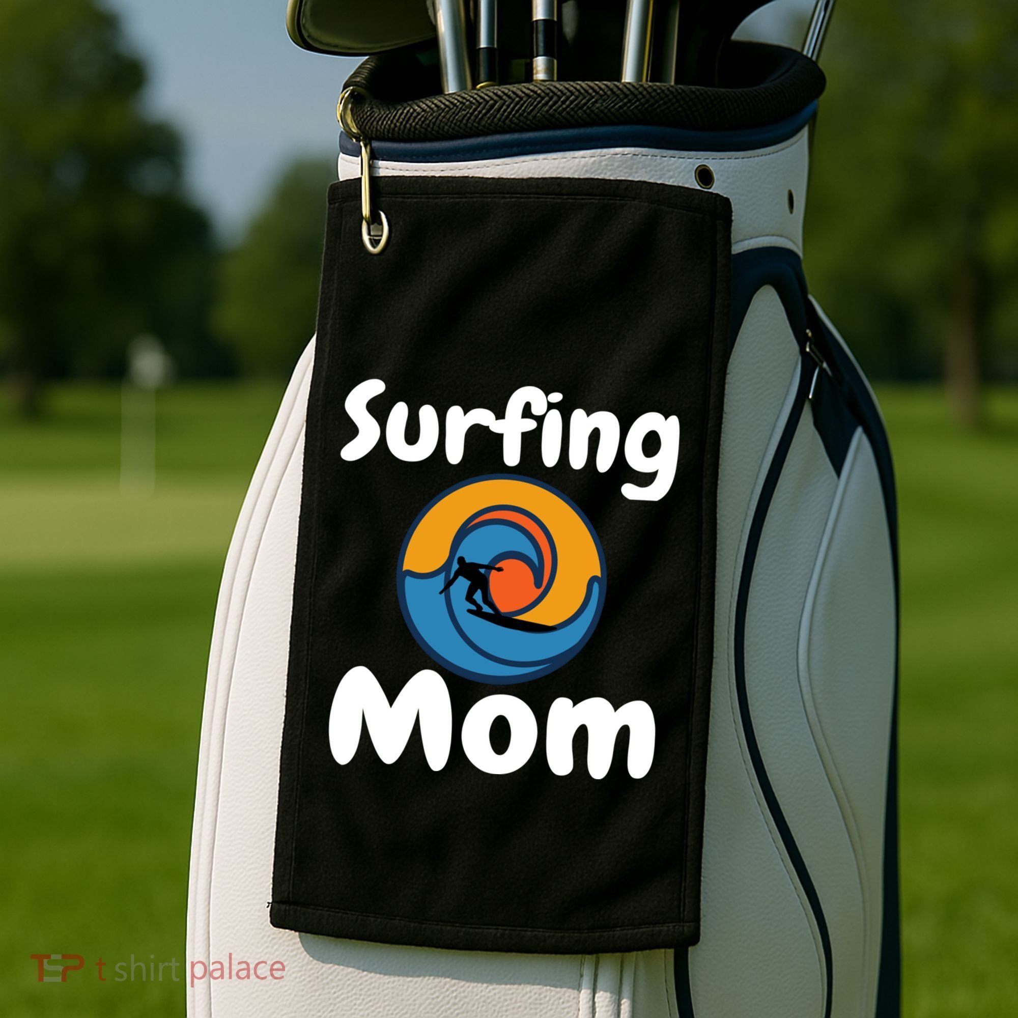 Funny Surfing Mom Surfer Mother Retro Sunrise Sunset Surf Funny Gift Golf Towel
