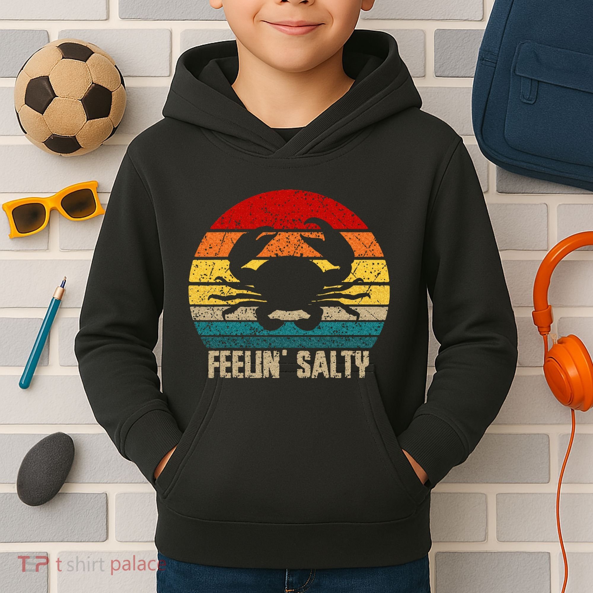 Feelin Salty Maryland Crab Sunset Graphic Kids Hoodie