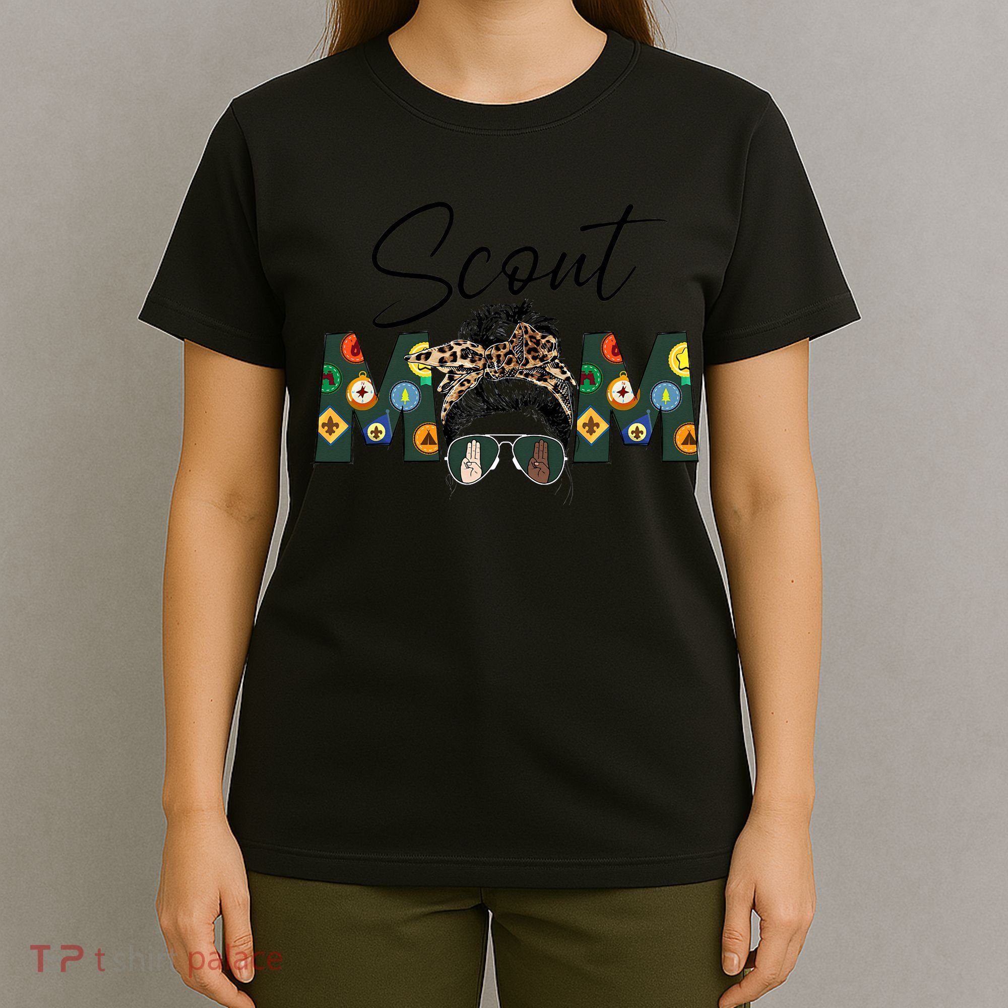 Funny Scout Mom Life Sport Mom Leopard Messy Bun Hair T-Shirt
