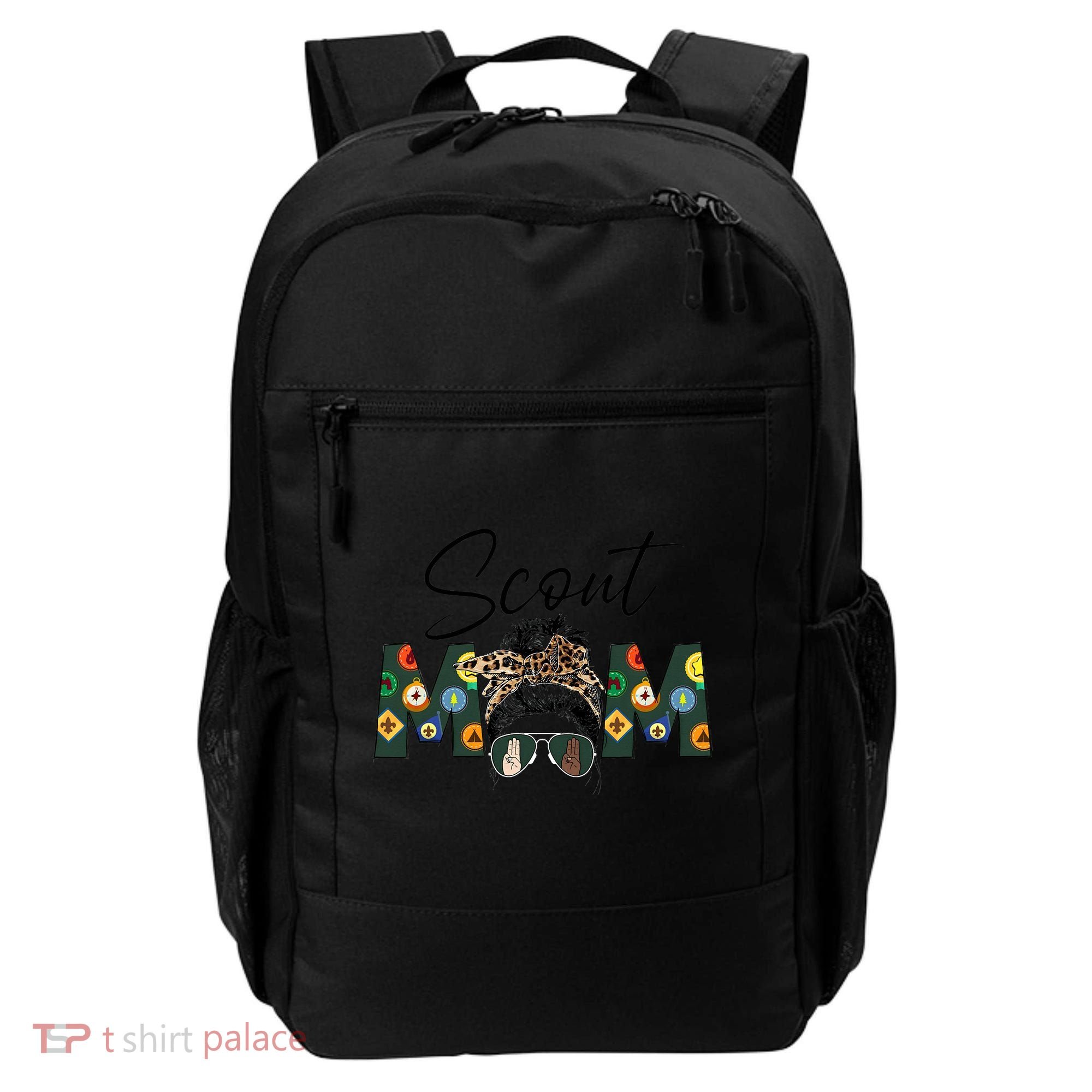 Funny Scout Mom Life Sport Mom Leopard Messy Bun Hair Backpack