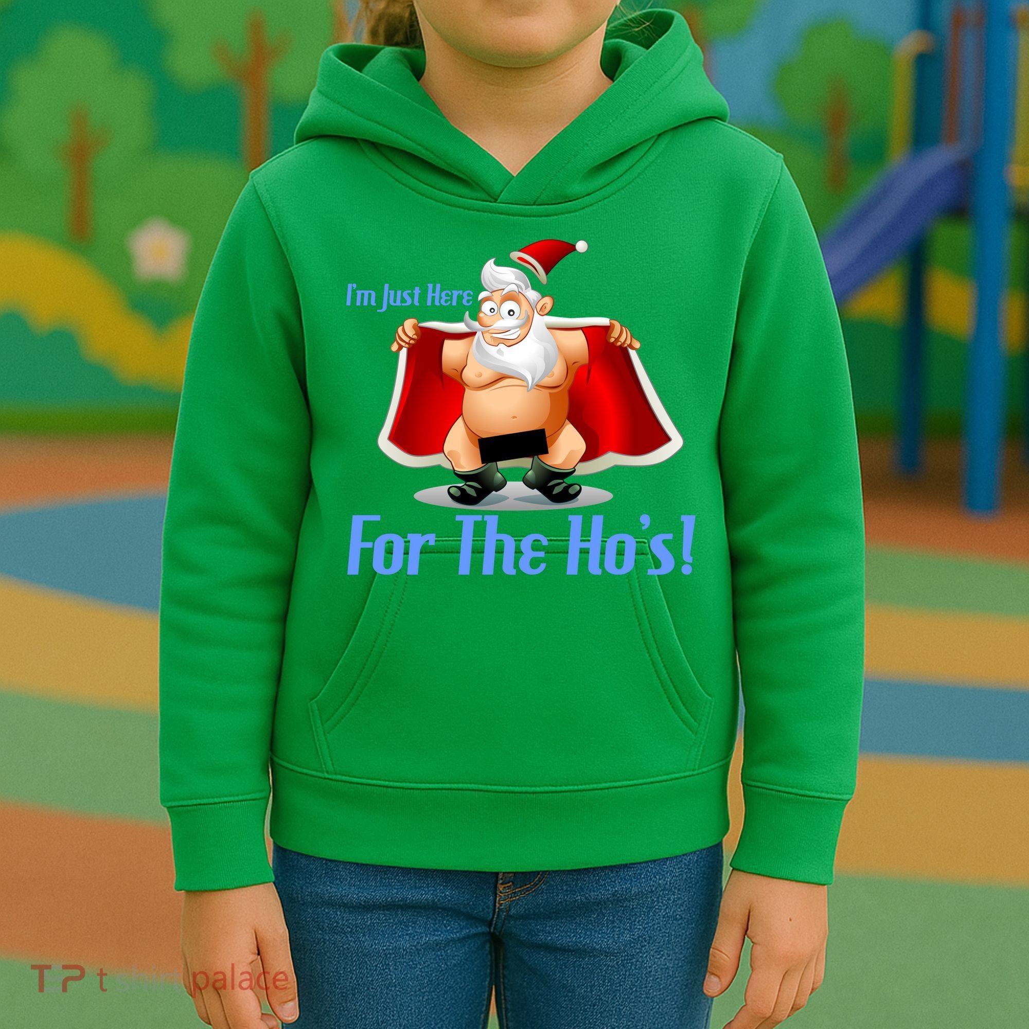 Funny Santa Nude Censored Just Here For The Ho's Kids Hoodie