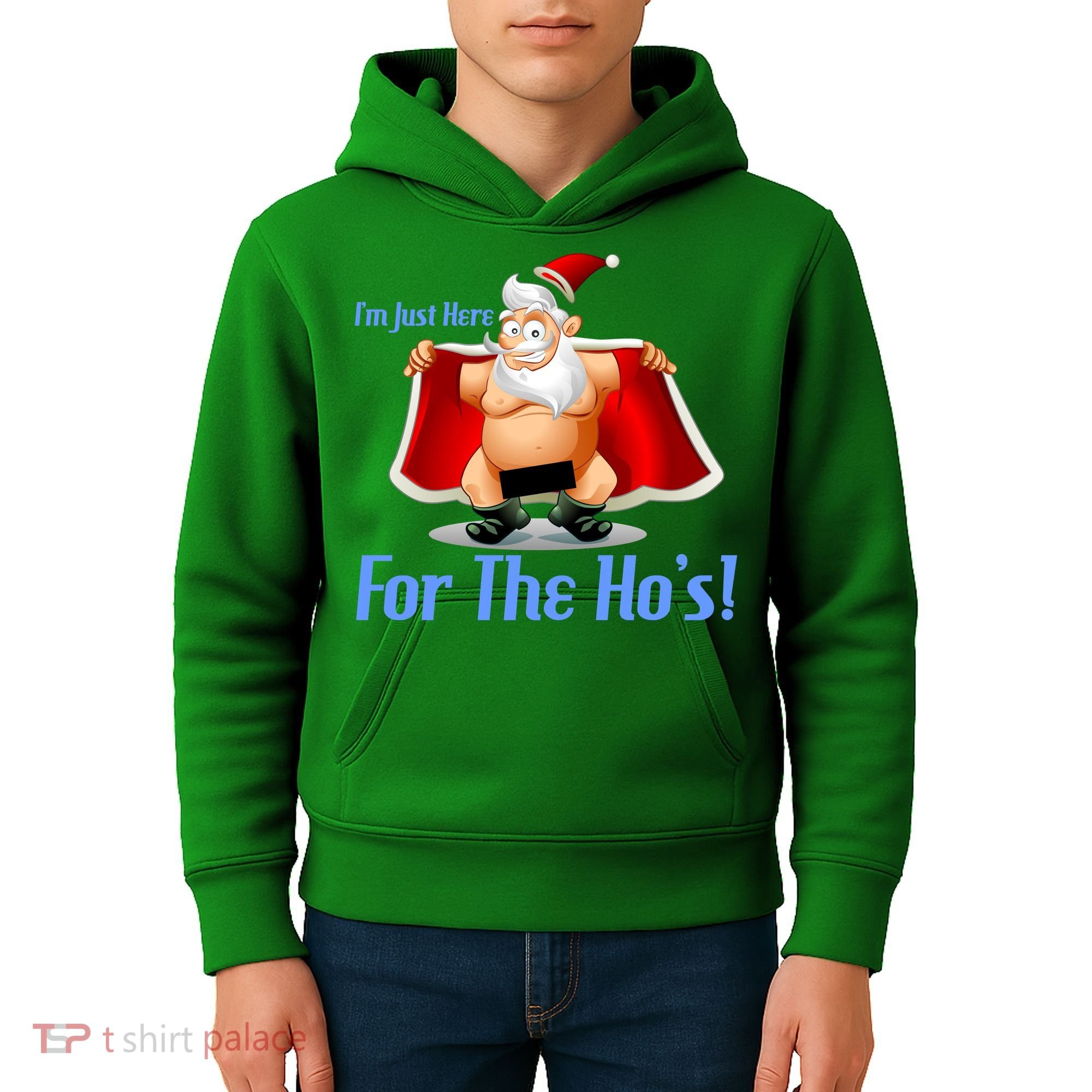 Funny Santa Nude Censored Just Here For The Ho's Kids Hoodie