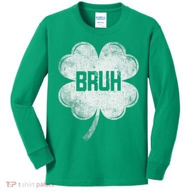 Funny St Patricks Day Bruh Meme Shamrock Kids Long Sleeve Shirt