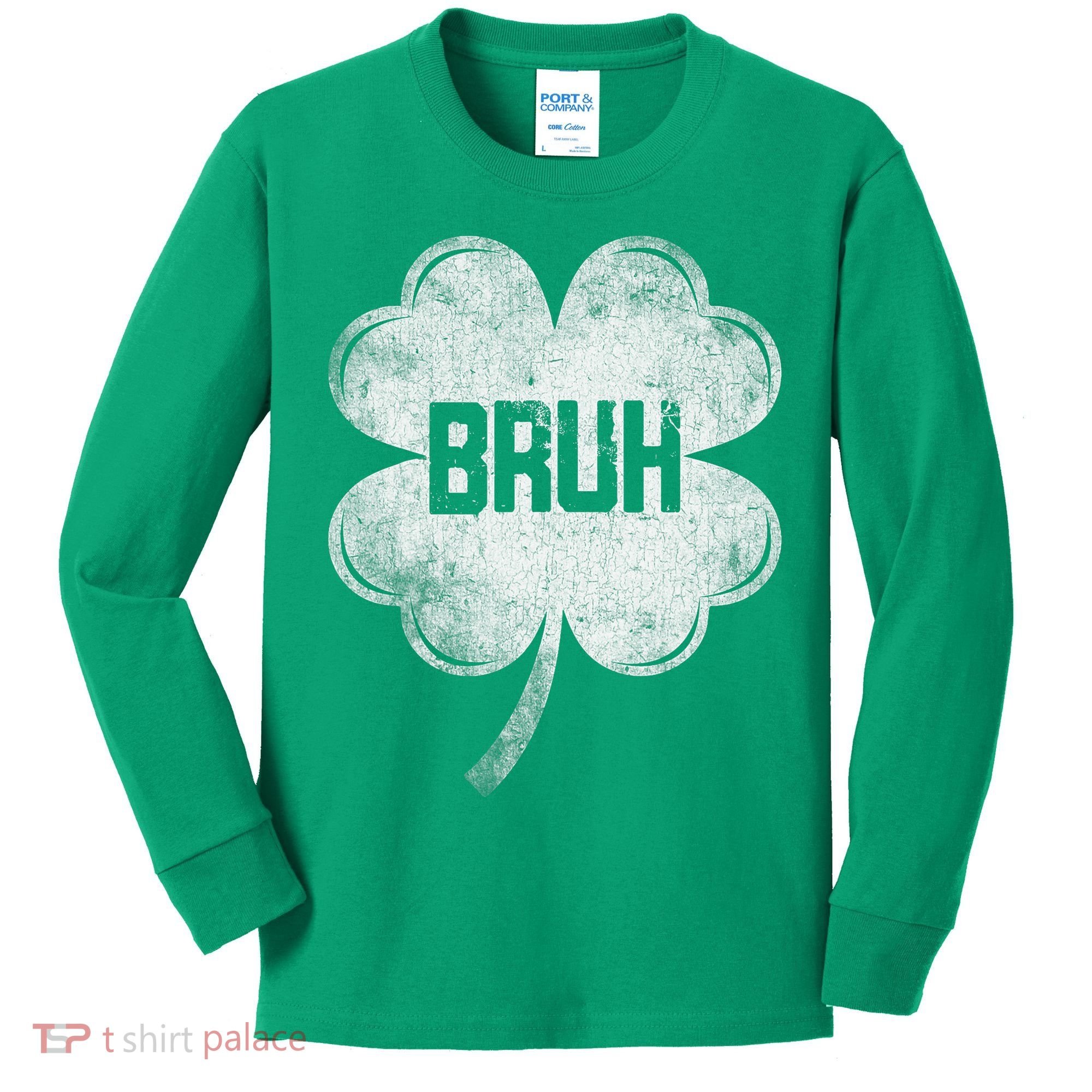 Funny St Patricks Day Bruh Meme Shamrock Kids Long Sleeve Shirt