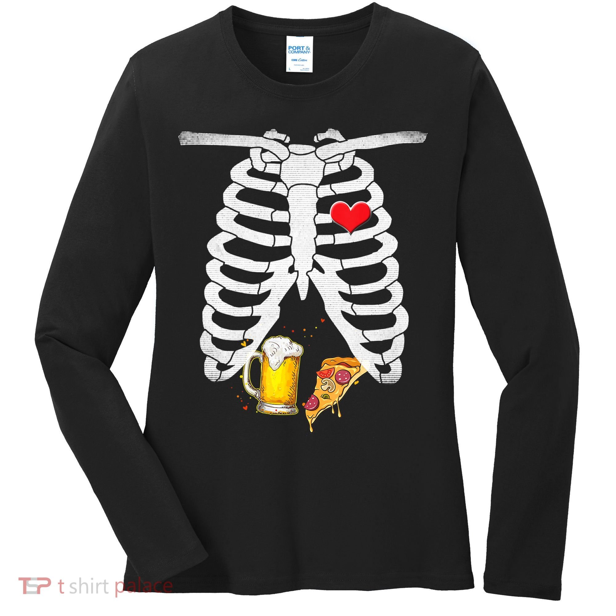 Funny Skeleton Pregnancy Pizza Beer Xray Halloween Soon Dad Gift Women's Long Sleeve Shirt