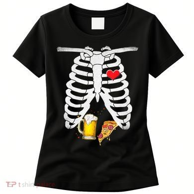 Funny Skeleton Pregnancy Pizza Beer Xray Halloween Soon Dad Gift Women's T-Shirt