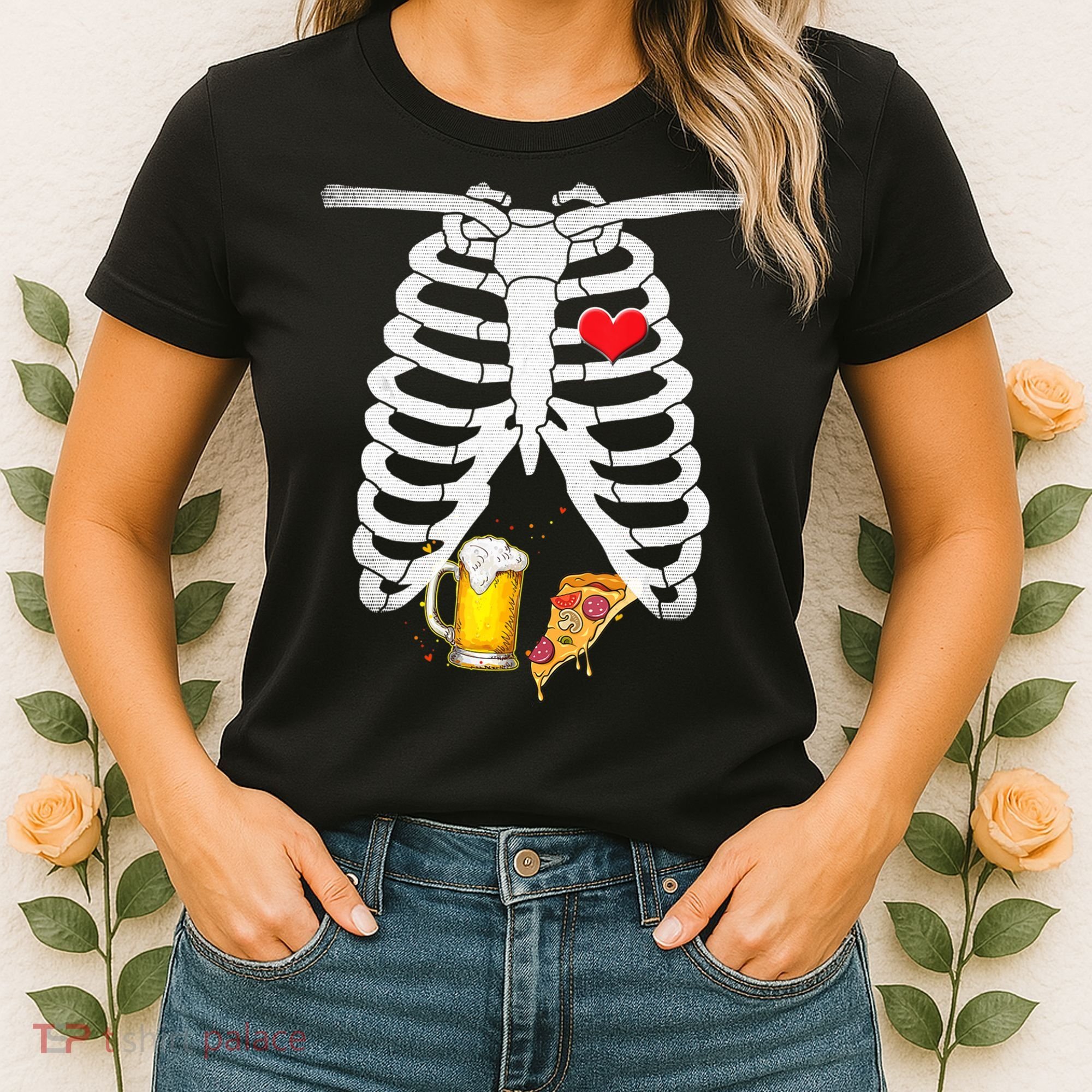 Funny Skeleton Pregnancy Pizza Beer Xray Halloween Soon Dad Gift Women's T-Shirt