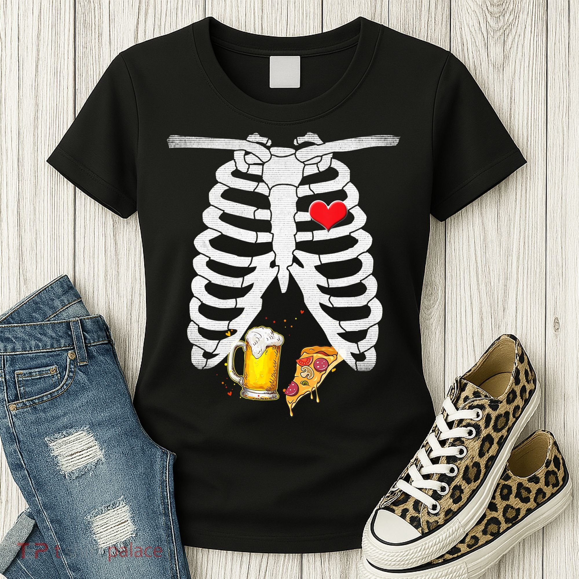 Funny Skeleton Pregnancy Pizza Beer Xray Halloween Soon Dad Gift Women's T-Shirt
